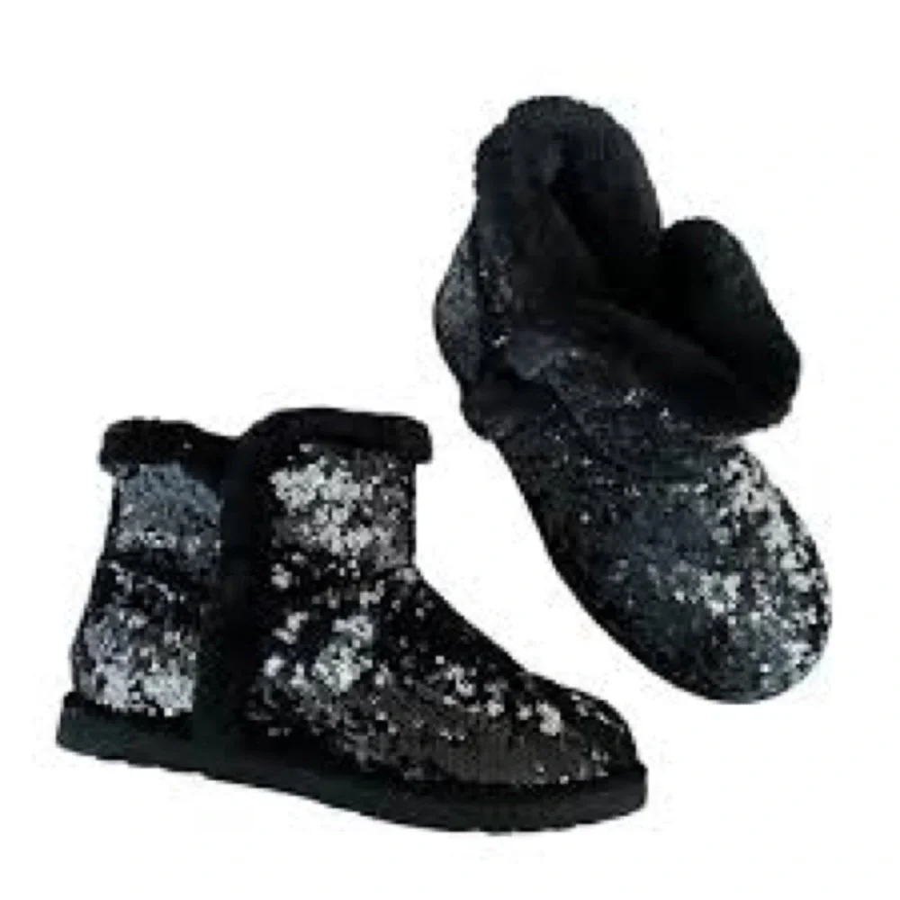 Sonoma Black and Silver Sequins Faux Fur Boots